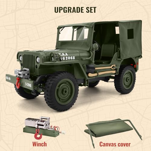 Remote Control Truck Off Road - 4x4 1/10 Scale Willys Army Rock Crawler RC Truck with Winch&Car Cover, 40Mins Play Time All Terrain Offroad RC Car, Military Vehicle Toys for Boys, Radio Controlled Car - color: Army Green