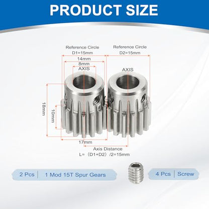 uxcell 2Pcs 1 Mod 15T Spur Gear 8mm Bore, 304 Stainless Steel Pinion Gear, 20°Pressure Angle, for Spur Rack and RC Model Car or Motor DIY(14mm) - size: 1 Mod 15T, 8mm x 14mm