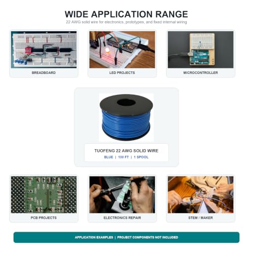 TUOFENG 22 AWG Solid Core Wire - Breadboard Jumper, Blue 100ft - size: 22 AWG solid wire blue 100ft