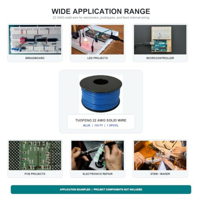 TUOFENG 22 AWG Solid Core Wire - Breadboard Jumper, Blue 100ft - size: 22 AWG solid wire blue 100ft