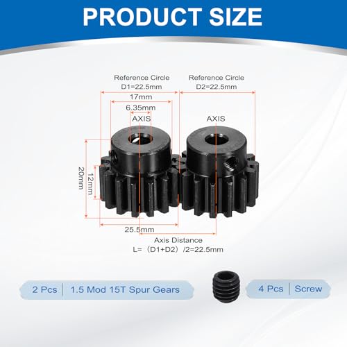 uxcell 2Pcs 1.5 Mod 15T Spur Gear 6.35mm Bore, 1045 Steel Pinion Gear Black Surface Treatment, 20° Pressure Angle, for Spur Rack and RC Model Car or Motor DIY(17mm) - size: 1.5 Mod 15T, 6.35mm x 17mm