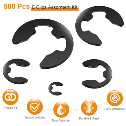 580PCS Black Carbon Steel E-Clip Kit,10 Sizes External Retaining Rings(M1.5-M10) for Bearings, Gears, Pulleys and Other Moving Parts