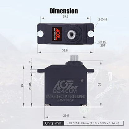 AGFRC B24CLM 6KG IP67 Waterproof Micro Servo for 1/16 RC | 0.085s/60° Speed, HV, Titanium Gears, Programmable, Digital, Coreless Motor, for 1/16 RC Cars, Boats & Crawlers