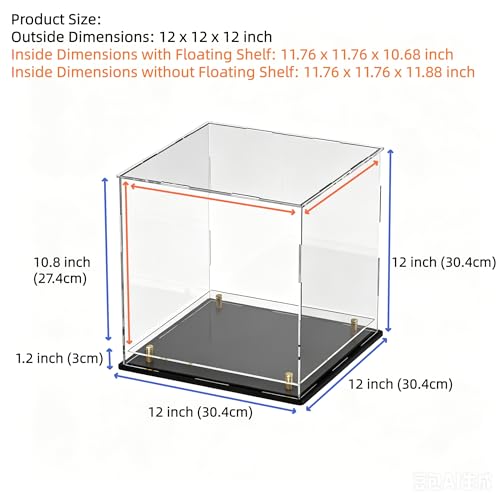 Acrylic Display Case with Raised Shelf, Clear Display Box with Black Base & Gold Standoffs, Dustproof Showcase for Collectibles, Figures, Model Cars – Easy Assembly (12×12×12 Inch) - size: 12"L x 12"W x 12"H