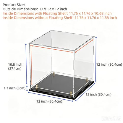 Acrylic Display Case with Raised Shelf, Clear Display Box with Black Base & Gold Standoffs, Dustproof Showcase for Collectibles, Figures, Model Cars – Easy Assembly (12×12×12 Inch) - size: 12"L x 12"W x 12"H