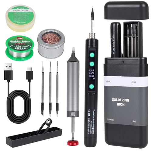 Cordless Soldering Iron Kit, 1100mAh USB-C Rechargeable Soldering Iron with LCD Screen, Portable Battery Powered Soldering Pen for Electronics Repair, Hobby DIY Projects