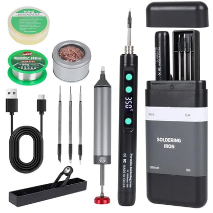 Cordless Soldering Iron Kit, 1100mAh USB-C Rechargeable Soldering Iron with LCD Screen, Portable Battery Powered Soldering Pen for Electronics Repair, Hobby DIY Projects