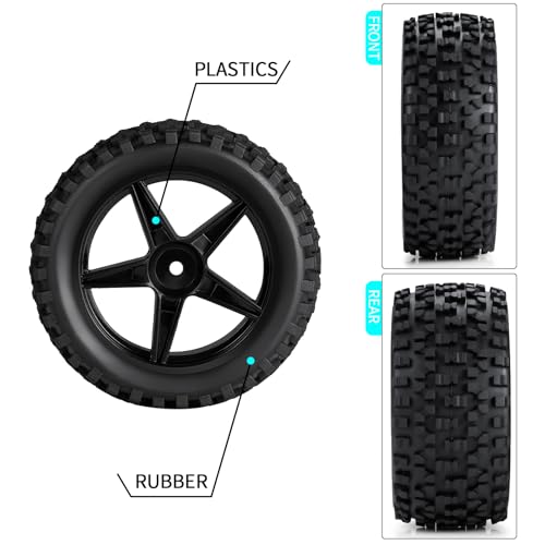 4Pack 12mm Hex Wheel 5 Spoke Rims High Grip Rubber Tires Front Rear Tyres for 1/10 RC Off-Road Buggy Car (Black)