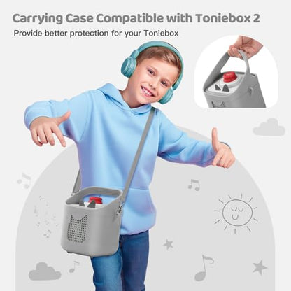 PISOSN Shockproof Carrying Case for Toniebox 2 – Anti-Slip Silicone Cover with Handle for Secure Grip (Gray) - color: Gray