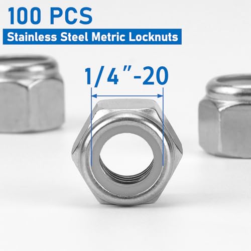 100 Pack 304 A2-70 1/4"-20 Nylon Lock Nuts | 100 Pack 304 A2-70 Stainless Steel 1/4"-20 Nylock Nuts, Anti-Loose, for Medium Duty Industrial & Home Fastening - color: Silver, size: 1/4"-20