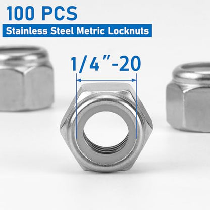 100 Pack 304 A2-70 1/4"-20 Nylon Lock Nuts | 100 Pack 304 A2-70 Stainless Steel 1/4"-20 Nylock Nuts, Anti-Loose, for Medium Duty Industrial & Home Fastening - color: Silver, size: 1/4"-20