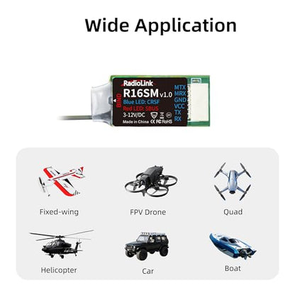 Radiolink R16SM 2.4G 16 Channels Mini Receiver SBUS/CRSF Long Range Control for FPV Micro Drone, Quadcopter, Compatible with RC Transmitter T16D/T12D/T8FB/T8S/RC8X/RC6GS V3/RC4GS V3