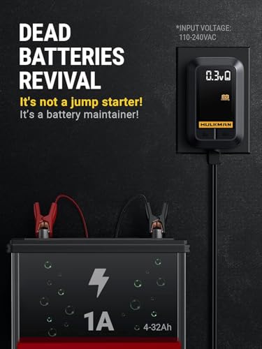 HULKMAN Sigma 1 Car Battery Charger - 1A 6V/12V Automatic Smart Trickle Charger, Battery Maintainer, and Desulfator with Intelligent Interface