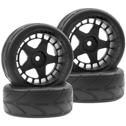 ShareGoo RC OD 2.55" Nylon 12mm Hex Wheels & Rubber Tires Set Compatible with Traxxas Tamiya Sakura HSP Redcat 1/10 RC On-Road Touring Drift Car (Black) - color: Black
