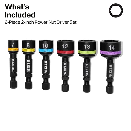 Klein Tools 32926SM 2-Inch Magnetic Power Nut Setters, Compact Impact Driver Set, Color-Coded, Metric, Impact-Rated, 6-Piece - size: 2-Inch / 6-Piece Set, Metric
