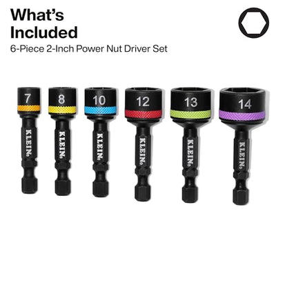 Klein Tools 32926SM 2-Inch Magnetic Power Nut Setters, Compact Impact Driver Set, Color-Coded, Metric, Impact-Rated, 6-Piece - size: 2-Inch / 6-Piece Set, Metric