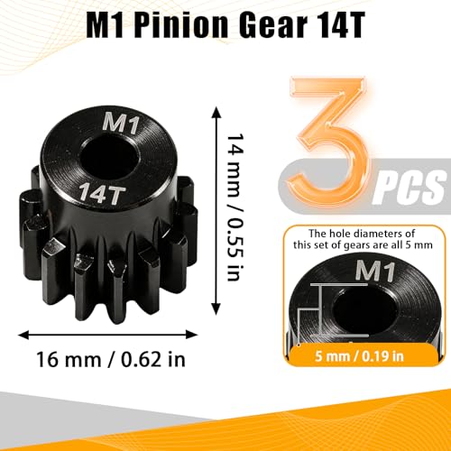 M1 Gear 14T 5mm Bore 3-Pack – High-Precision Hardened Steel Motor Pinion Gear for 1/8 1/10 RC Crawler, Monster Truck, Short Course Truck & Boat (Compatible with Traxxas Axial, FMS, HSP Redcat Losi) - style: M1 3Pcs 14T