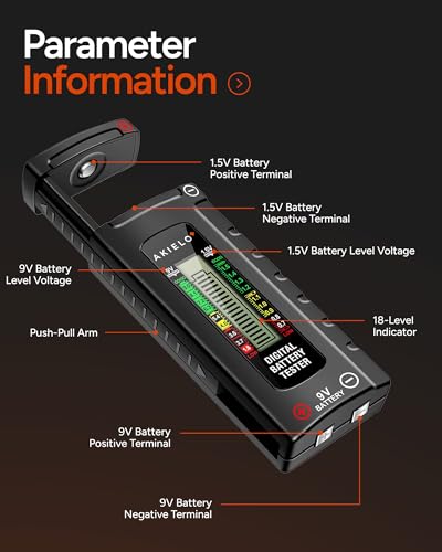 AKIELO+ Digital Battery Tester – Easy Read LCD Display – No Battery Required – Universal Household Battery Checker for Size AA AAA C D 9V 1.5 Cell (Batteries Not Included) - size: 1 Pack
