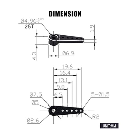 AGFRC 25T 0.71g CNC Metal Servo Horn for Micro RC (HPS06) | CNC Machined AL6061, Black, 25.33mm Length, Fits AGFRC A20/B13/A24/A27 Series Servos, For SCX24 & Mini RC