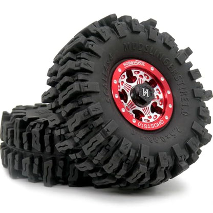 RC 64mm Tall 1.0 Mud Slingers Tires & 1.0 Wheels, Soft Sticky 1.0 Mud Terrain Tires & Heavy 1.0 Beadlock Wheels Rims for RC Crawler 1/24 SCX24 FCX24 1/18 TRX4M (Red) - color: Red