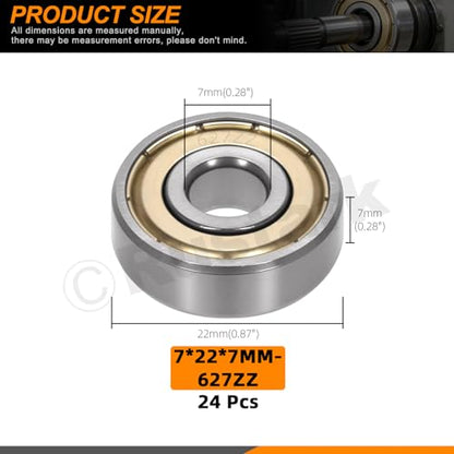 24Pcs 627ZZ Carbon Steel Ball Bearing Deep Groove Ball Bearing Double Shielded Bearings Small Bearings for Furniture Wheels Skateboards Scooters - size: 627ZZ/0.27x0.87x0.27inch, style: carbon steel