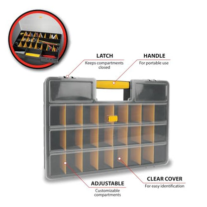 Performance Tool W54037 26 Adjustable Compartment Hardware Organizer Box With Dividers - Durable Plastic Screw Organizer For Nuts, Bolts, Screws, Nails, and Small Hardware