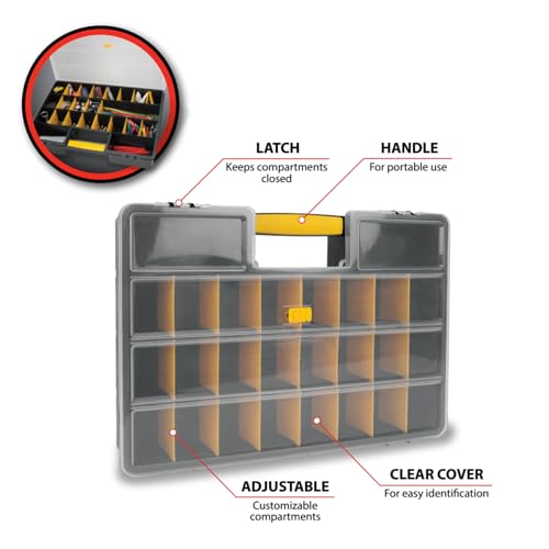 Performance Tool W54037 26 Adjustable Compartment Hardware Organizer Box With Dividers - Durable Plastic Screw Organizer For Nuts, Bolts, Screws, Nails, and Small Hardware