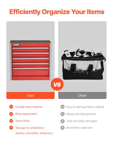 VEVOR Metal Tool Box, 8.6-inch, Portable Metal Tool Box with 5 Drawers, Small Tool Chest with EVA Liners and PP Feet Pads, Heavy-Duty Steel With Ball Bearing Opening and Powder Coated Finish, Red - size: 5 Drawers-Red