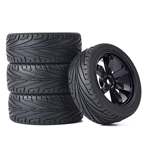 4PCS RC Car Rubber Tires and Plastic Wheels Rims Compatible with 1/10 Scale On Road Touring Racing Flat Drift Car for HSP HPI Tamiya(Black) - color: Black