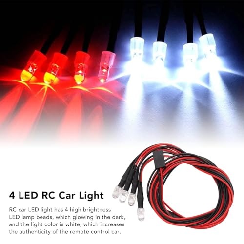 HERCHR 5PCS RC LED Light Kit, 5mm Headlights/Taillight Kit (2 White 2 red) for Hsp, Redcat, Axial, Scx10, D90, Hpi RC Cars Crawler Light Accessories