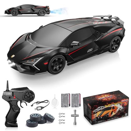 Remote Control Car RC Drift Car 1:16 Scale 4WD 18KM/H High Speed Model Vehicle 2.4GHz with LED Lights Spray Rubber Tire Racing Sport Toy for Adults Boys Girls Kids Gift 2Pcs Rechargeable Batteries - color: Black-2