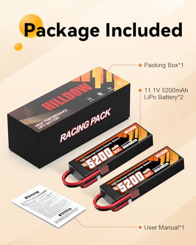 Hilldow 3S Lipo Battery 5200mAh 11.1V 80C RC Battery Hard Case with T Plug for RC Car Boat Truck Heli Airplane Drone(2 Packs)