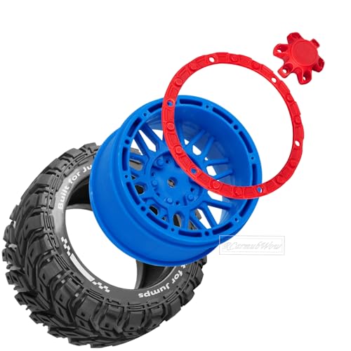 RC Wheels and Tires for 1/16 Scale,RCarmubWow Plastic Rim Rubber Tires for 1/16 Summit E-Revo Gorgon Grom,Mini Kraton 3S, M-J-X16207-16210, H-B-X16889 16890,S-C-Y16101-16106 RC Truck,Navy Blue&Red - color: Navy Blue W/Red(4pcs)