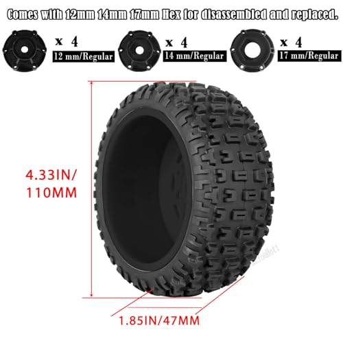 RC Truck Wheels Tires 12mm/14mm/17mm Hex for 1/10 Arrm a Senton/Slash 2WD 4WD 4×4/Axia1/Redca t/Rc4w d,w/Detachable Replace Running on Off-Road Tire RC Wheel Hex,Wheels and Tires,Black - color: Black- (Wheel Tires)