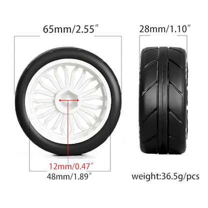 1/10 RC On Road Tires OD 2.55'' & Plastic Wheels 12mm Hex for 1:10 Scale Racing Touring Street Car Tamiya TT01 TT02 XV01 TA06 A959 144001 HPI KYOSHO HSP PTG2 Traxxas (White) - color: White