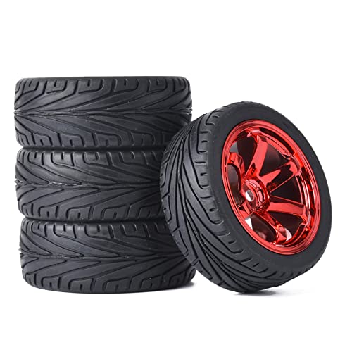 4PCS RC Car Rubber Tires and Plastic Wheels Rims Compatible with 1/10 Scale On Road Touring Racing Flat Drift Car for HSP HPI Tamiya (Red) - color: Red