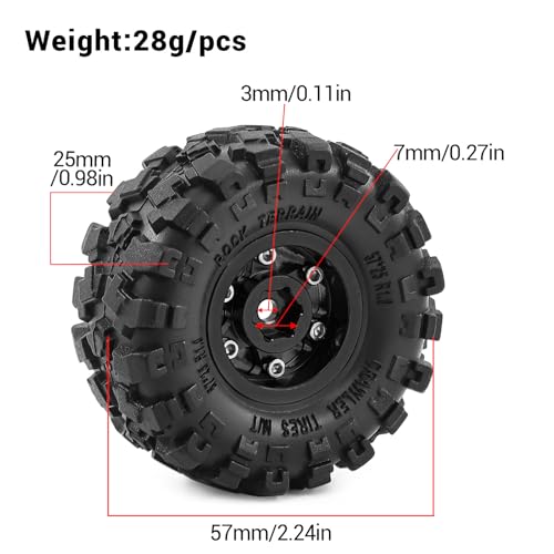 1.0" Beadlock Aluminum Wheels and 57mm Soft Rubber Tires | for SCX24, TRX4M, Ascent 18, FCX24, 1/18 1/24 RC Crawler, 7mm Hex, 0mm Offset, with Foam Inserts, (Black 3) - color: Black 3