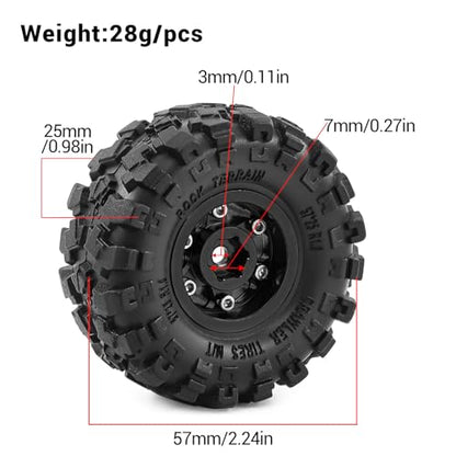1.0" Beadlock Aluminum Wheels and 57mm Soft Rubber Tires | for SCX24, TRX4M, Ascent 18, FCX24, 1/18 1/24 RC Crawler, 7mm Hex, 0mm Offset, with Foam Inserts, (Black 3) - color: Black 3