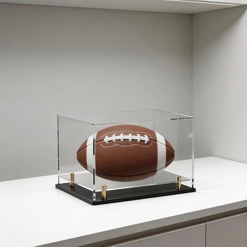 Acrylic Display Case with Raised Shelf & Ball Holder, Clear Display Box with Black Base & Gold Standoffs, Dustproof Showcase for Fullsize Football Soccer Gloves – Easy Assembly (12×8×9.6 Inch) - size: 12"L x 8"W x 9.6"H (with Ball Position)
