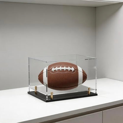 Acrylic Display Case with Raised Shelf & Ball Holder, Clear Display Box with Black Base & Gold Standoffs, Dustproof Showcase for Fullsize Football Soccer Gloves – Easy Assembly (12×8×9.6 Inch) - size: 12"L x 8"W x 9.6"H (with Ball Position)