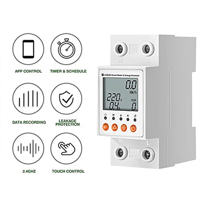 eMylo 63A Single-Phase WiFi Energy Meter with LCD & Leakage Protection | AC 80–400V; Smart Life/Tuya; Alexa & Google Home; timer; leakage & overload protection
