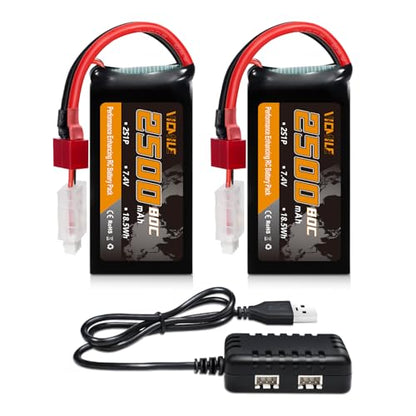 2S Lipo Battery 2500mAh 7.4V 80C High Discharge Rate Shorty Pack RC Batteries with Dean-Style T Plug Fit for RC Airplane FPV Quadcopter Helicopter Drone Racing RC Hobby Model with 1TO2 Charger - style: Dean-Style T