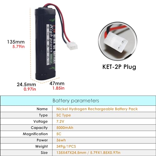 7.2V 5000mAh NiMH KET-2P Plug Battery with USB Charger Suitable for RC Truggy Buggy Tank Racing Remote Control Car Truck