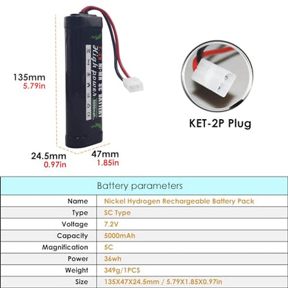 7.2V 5000mAh NiMH KET-2P Plug Battery with USB Charger Suitable for RC Truggy Buggy Tank Racing Remote Control Car Truck
