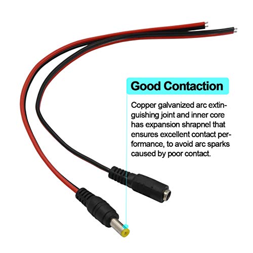 (Real 18AWG) 10 Pair 12V 5A DC Pigtail Barrel Plug Connector Cable | 2.1mm x 5.5mm, Male & Female DC Power Pigtail Connectors, for CCTV Security Camera, 12V Power Supply Adapter, LED, Router