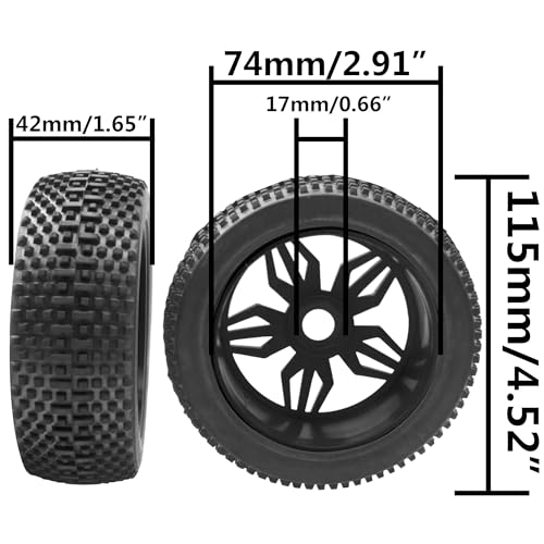 ShareGoo OD 4.52" 1/8 RC Buggy Rubber Tires Tyre w/ 5 Spoke Plastic Rim 17mm Hex Compatible with Arrma Kyosho Exceed RC Traxxas Redcat HSP HPI 1/8 Scale Off Road Car Buggy (Black) - color: Black