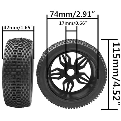 ShareGoo OD 4.52" 1/8 RC Buggy Rubber Tires Tyre w/ 5 Spoke Plastic Rim 17mm Hex Compatible with Arrma Kyosho Exceed RC Traxxas Redcat HSP HPI 1/8 Scale Off Road Car Buggy (Black) - color: Black