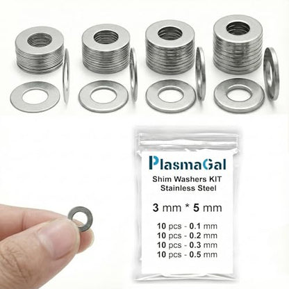 3x5mm Shim Washers RC Stainless Steel 40pc 0.1-0.5mm 3mm ID | 5mm outer diameter, DIN 988 metric shims. Ultra thin assortment for RC motor and pinion spacing, small bearings and gearboxes - size: 3x5