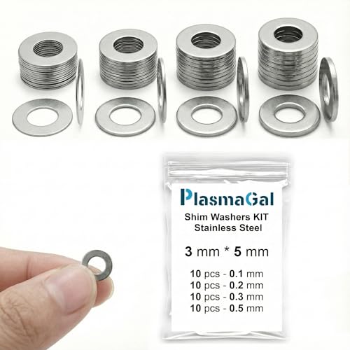 Shim Washers Stainless Steel 3x5 Precision Spacer Kit for Bearings Gearboxes CNC and RC Tuning Assortment 40 Pieces 10 Units x 0.1/0.2/0.3/0.5 mm Deburred Flat Tight Tolerance Professional Use - size: 3x5