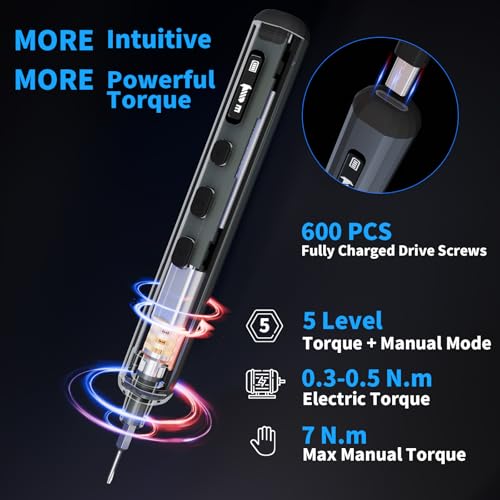 STREBITO Mini Electric Screwdriver, 70 in 1 Small electric screwdriver Set | 5 Upgraded Torque & Indicator, 64 S2 Preicison Bits, 4 LED Lights, Mini Power Screwdriver Repair Tool Kit for PC Electronic - style: Upgraded